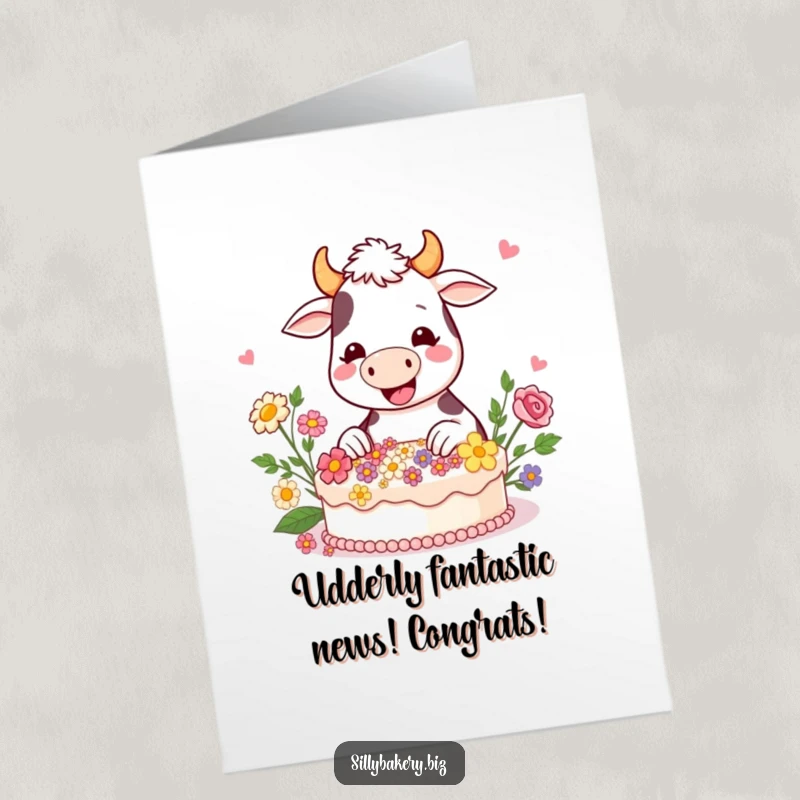 Funny Free Printable Congrats Card: A happy cow gleefully adds edible flowers to a cake for congratulations.
