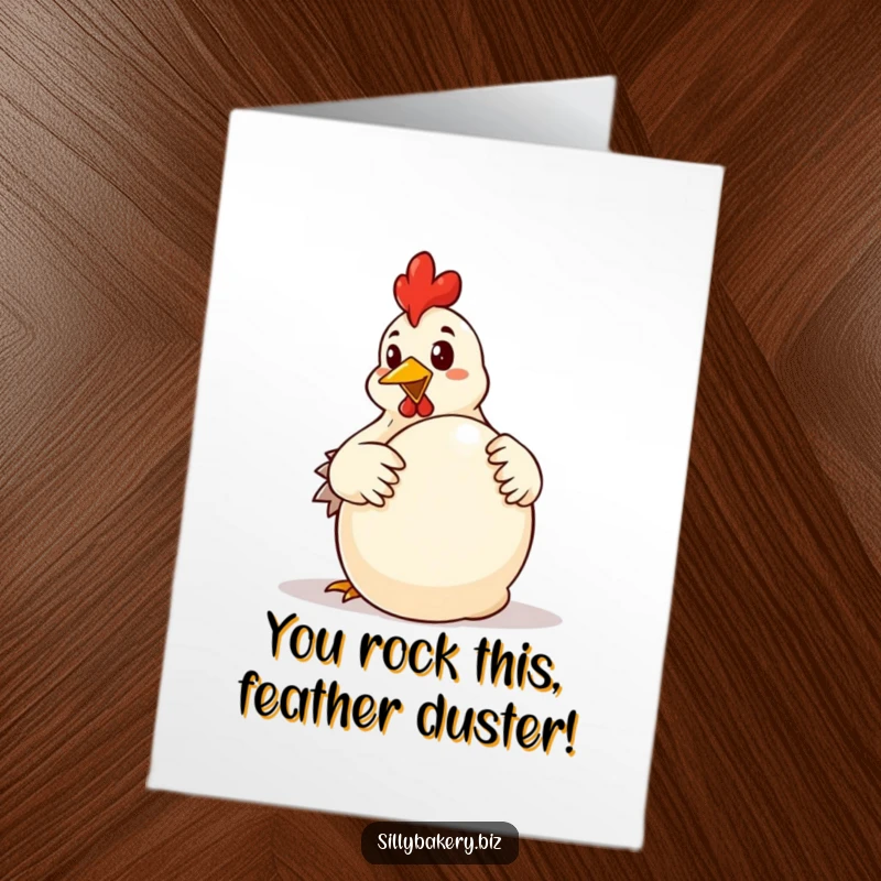 Funny Free Printable Congrats Card: A determined cartoon chicken enthusiastically kneading a large dough ball for a celebration.