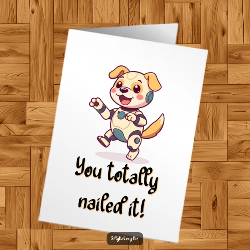 Funny Free Printable Dog Bot Congratulations Card: An energetic robot performing a happy dance, celebrating your fantastic news. A cheerful win.