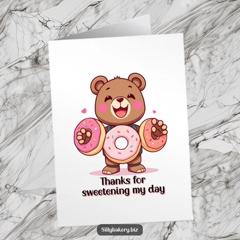 Funny Free Printable Thank You Card: Delighted bear bot juggles three oversized donuts in a thankful gesture.