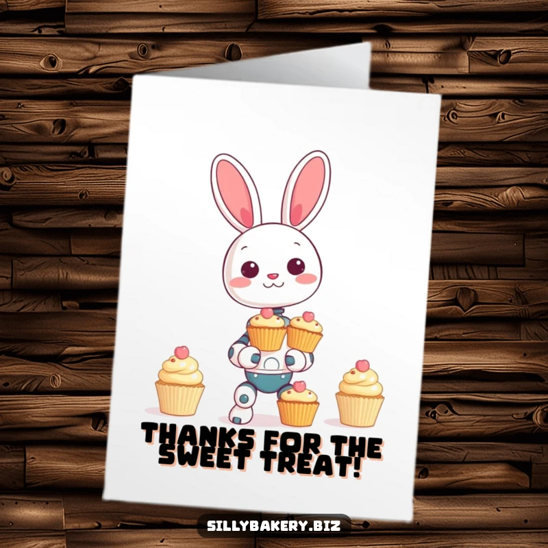 Funny Free Printable Bunny Bot Thank You Card: A giggling robot bunny attempting to balance a tower of cupcakes, showing sweet thanks.