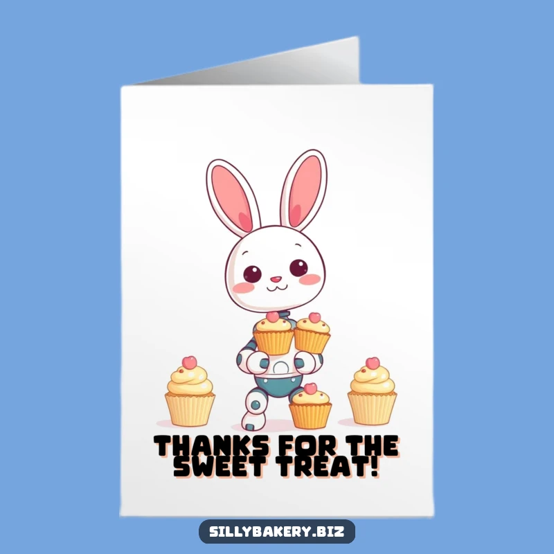 Free Printable Bunny Bot Thank You Card: Cupcake Balancing Robot Downloadable for Sweet Thanks