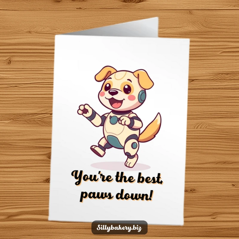 Funny Free Printable Dog Bot Thank You Card: A joyful robot doing a happy jig, conveying thanks with energetic wiggles. A grateful bot.