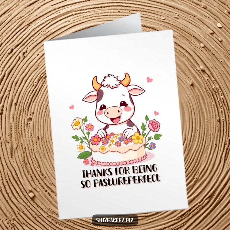 Funny Free Printable Thank You Card: A happy cow happily decorates a cake with colorful edible flowers.