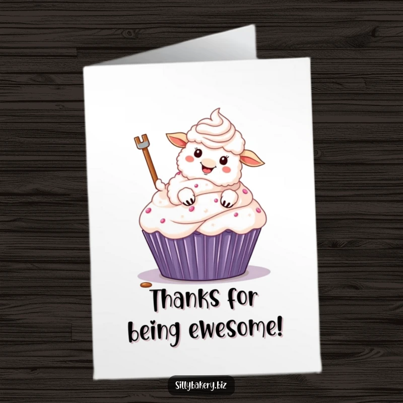 Funny Free Printable Thank You Card: A sheep happily covers a huge cupcake in frosting as a thank you.