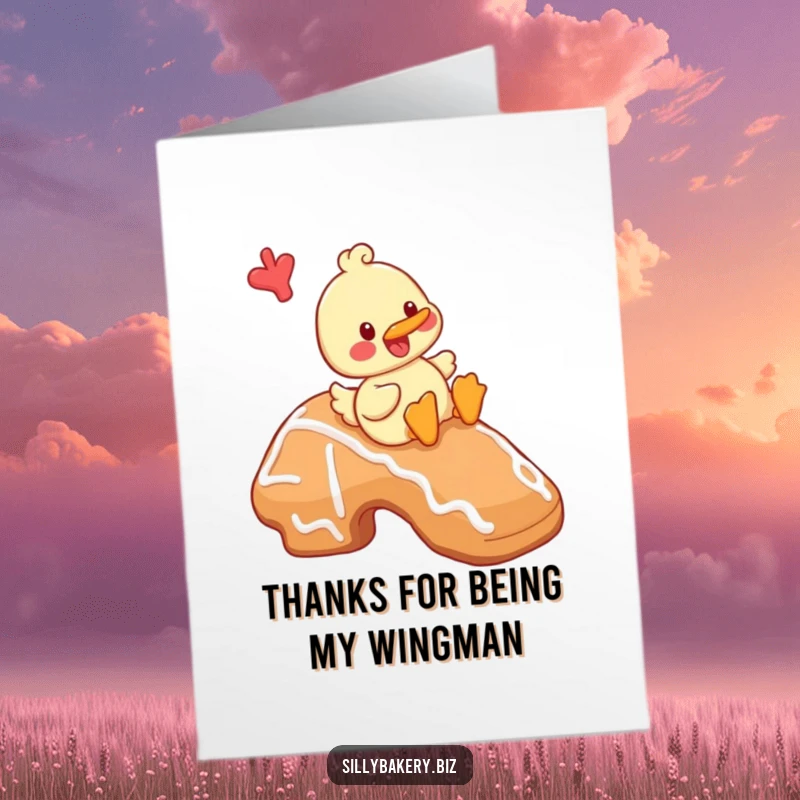 Funny Free Printable Thank You Card: A cheerful duck playfully slides down a giant gingerbread cookie as a thank you.