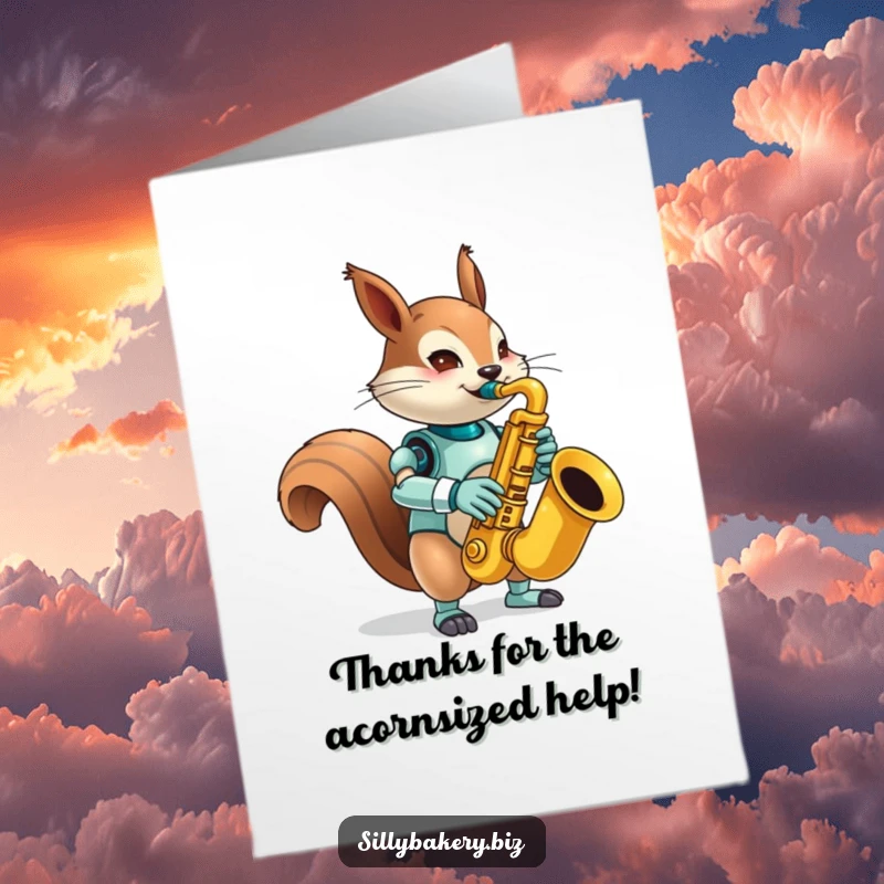 Funny Free Printable Squirrel Bot Thank You Card: A mischievous robot squirrel playing a big saxophone, sending musical thanks cheerfully.