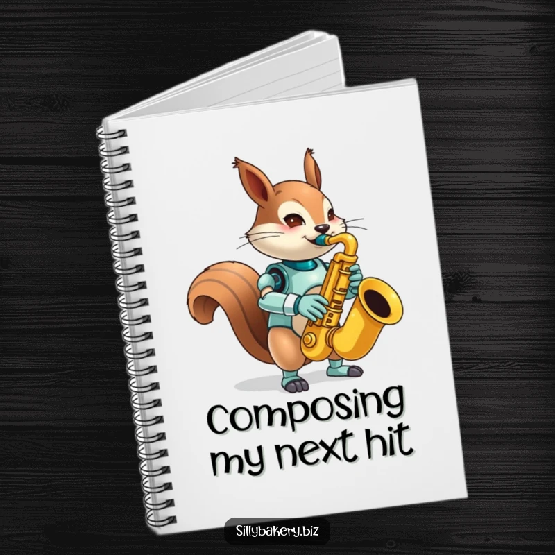 Funny squirrel bot notebook, perfect for notes, featuring a mischievous bot playing a comically large toy saxophone on its cover, inspiring musical creativity.