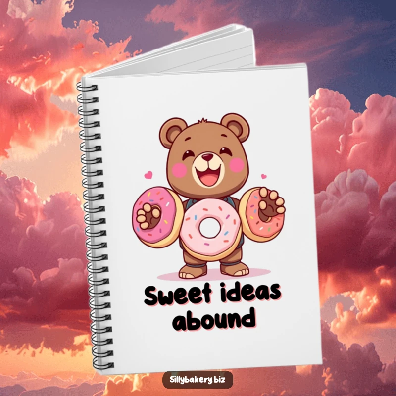 Funny Notebook with a delighted bear bot juggling colorful donuts, perfect for jotting down sweet thoughts.