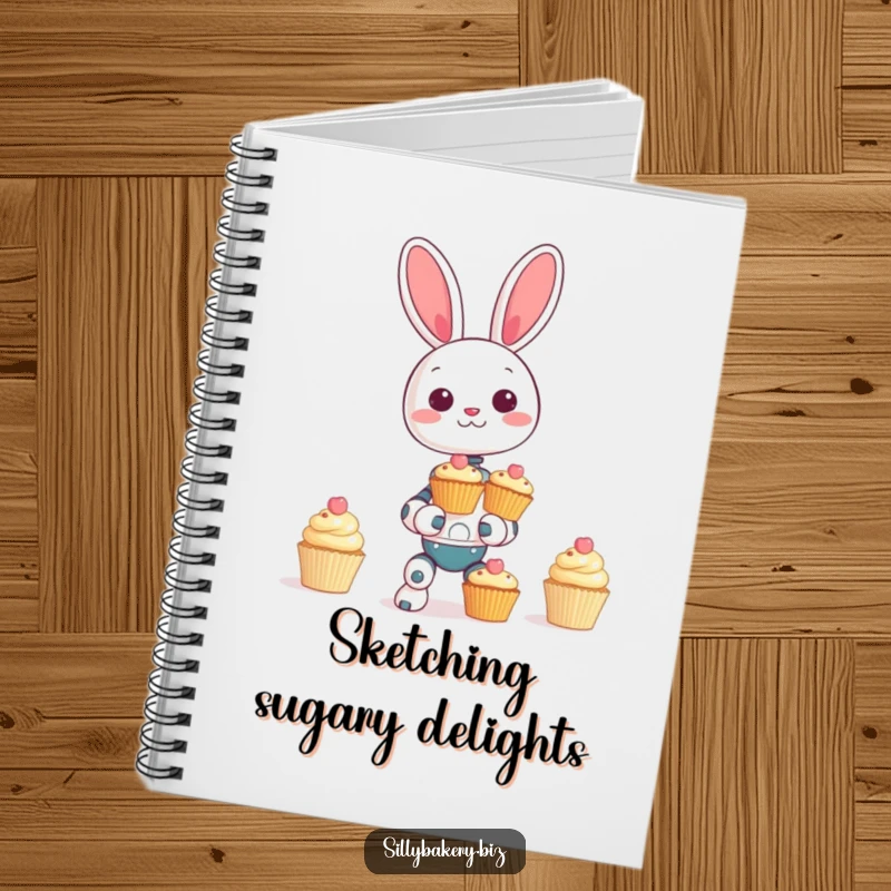 Funny bunny bot notebook, perfect for jotting notes, with a giggling robot bunny hilariously balancing a tower of cupcakes on its cover.