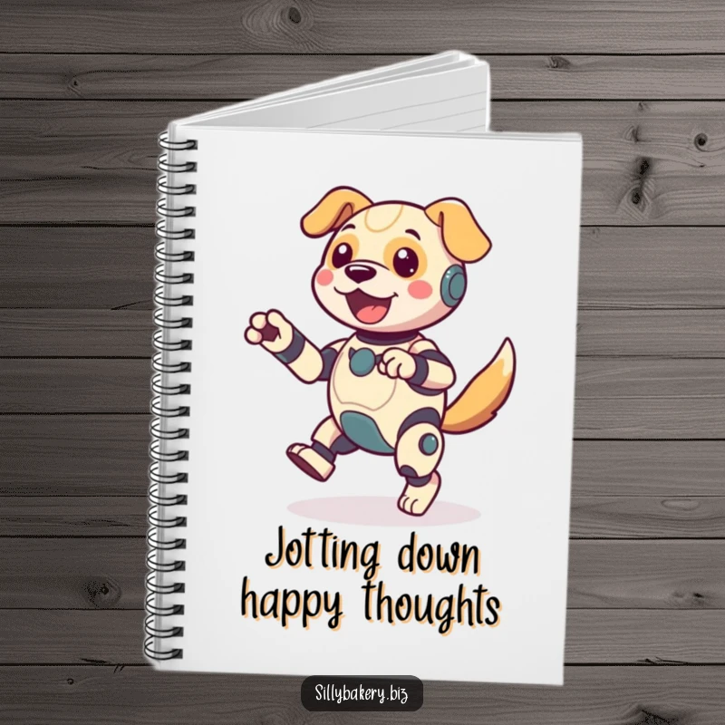Funny dog bot notebook, open to pages ready for notes, with a jubilant bot energetically jigging on the cover, full of bot-inspired inspiration.