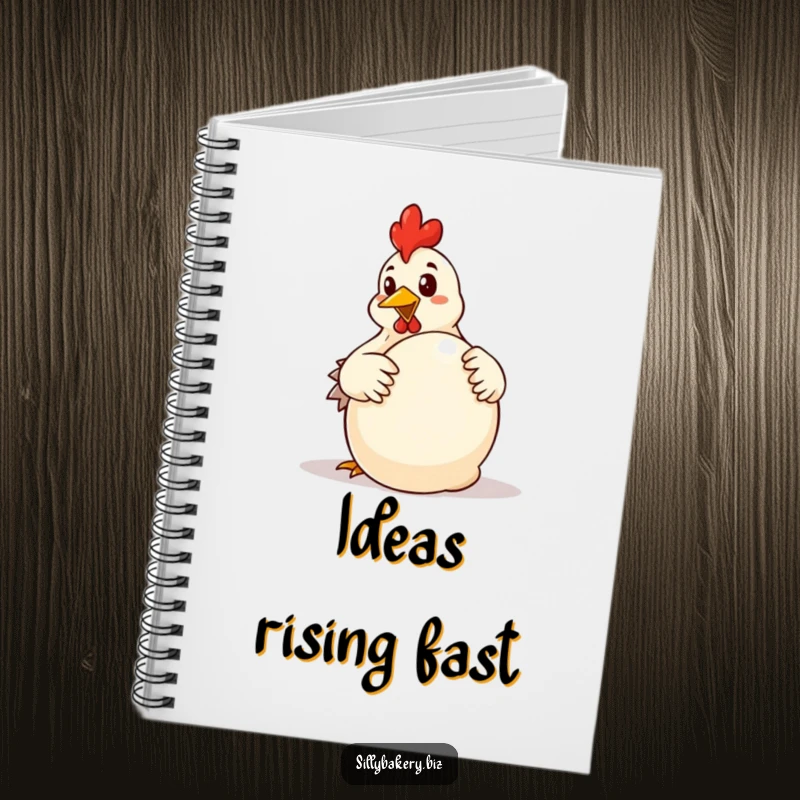 Funny chicken notebook with a determined cartoon chicken enthusiastically kneading a large ball of dough, a comical baking journal.