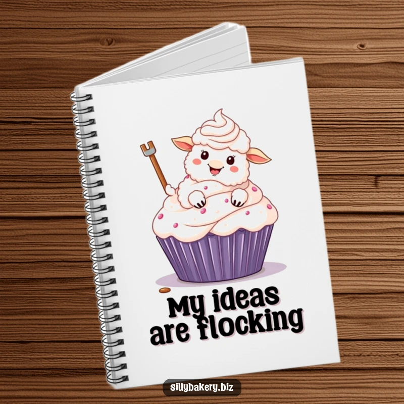 Funny sheep notebook with a fluffy cartoon sheep using its hoof to enthusiastically frost a giant cupcake, a comical baking design.