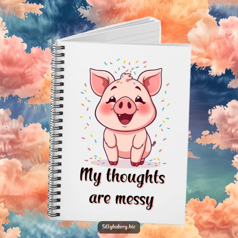 Funny pig notebook with a smiling cartoon pig joyfully tossing a cascade of colorful sprinkles, a cheerful baking accessory.