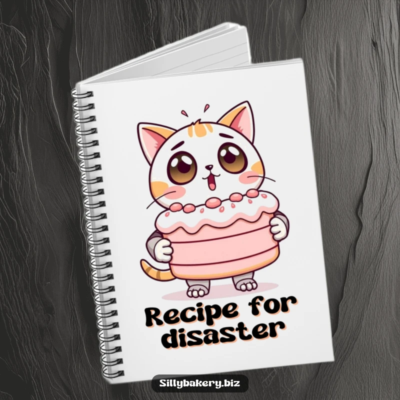 Funny Notebook with a surprised cat bot holding a giant, wobbly cake, perfect for jotting down funny thoughts.