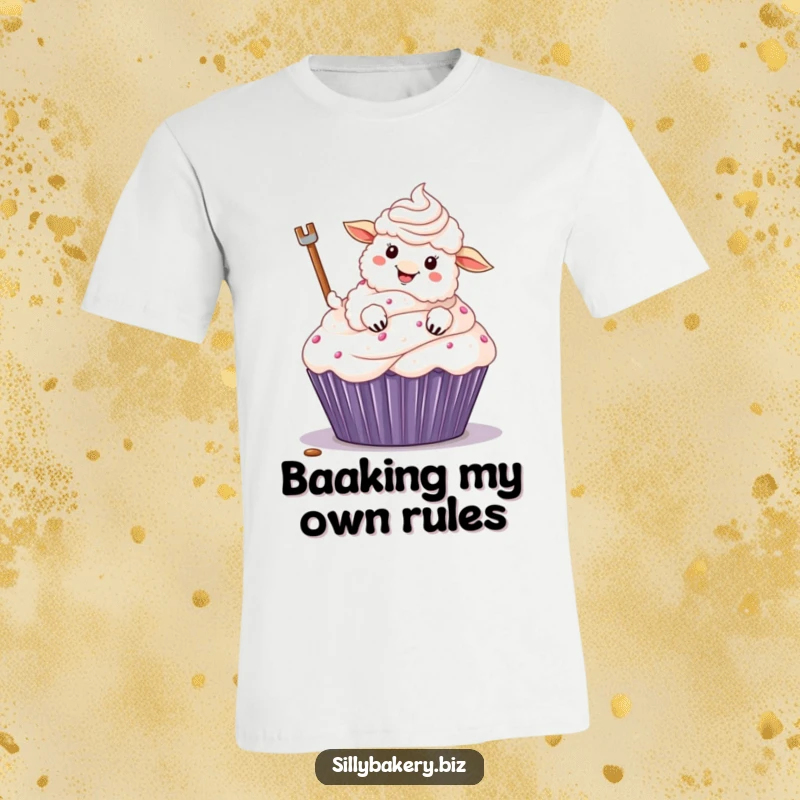 Funny sheep t-shirt featuring a fluffy cartoon sheep excitedly frosting a massive cupcake with its hoof, a scene of joyful baking.