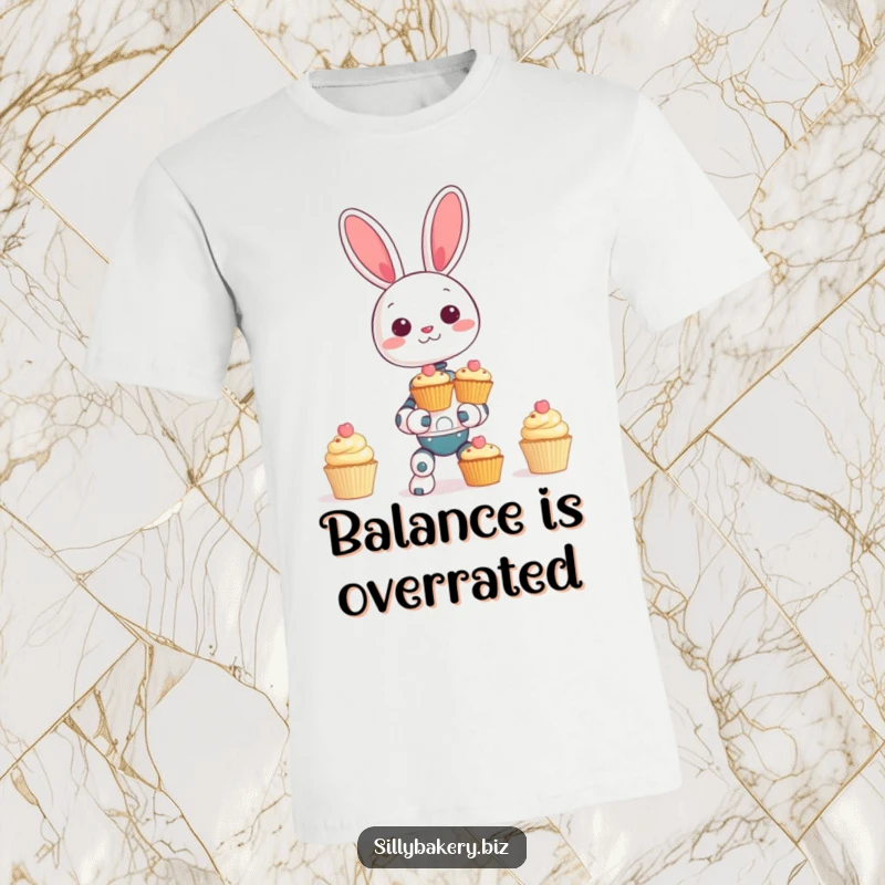 Funny bunny bot t-shirt, giggling intensely while balancing a tower of decorative cupcakes, capturing a moment of sweet, robot-driven silliness.