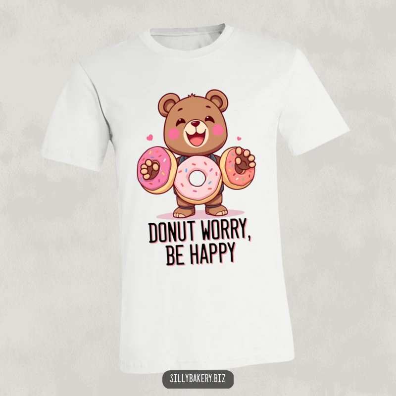 Funny T-Shirt of a delighted bear bot expertly juggling three oversized, colorful donuts, a fun and tasty wearable.