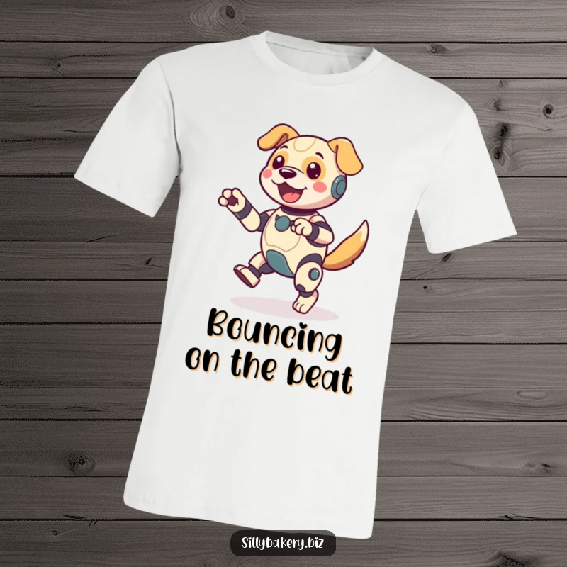 Funny dog bot t-shirt, joyfully performing an energetic jig with its tail wagging, capturing a moment of pure, unadulterated bot delight.