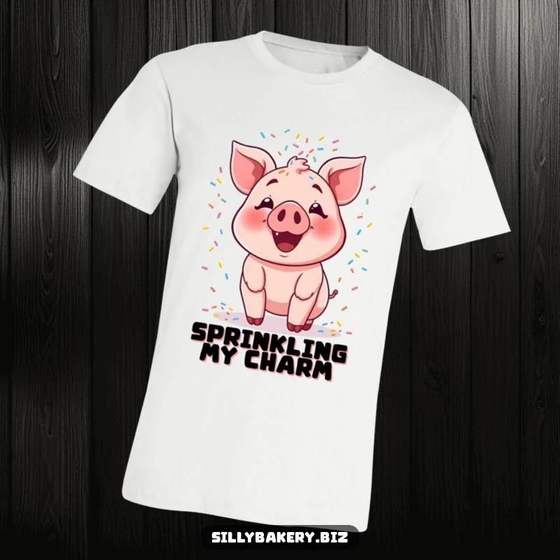 Funny pig t-shirt featuring a smiling cartoon pig joyfully tossing a huge cascade of colorful sprinkles, a celebration of sweetness.