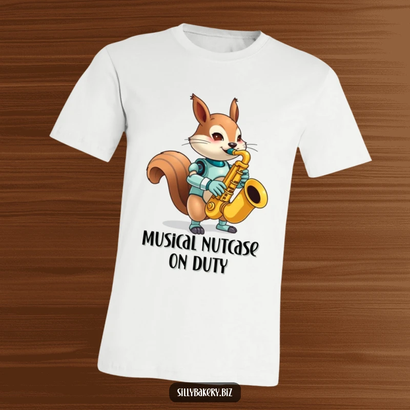 Funny squirrel bot t-shirt, showcasing a mischievous bot playing an oversized toy saxophone, capturing a moment of energetic, nutty musical expression.