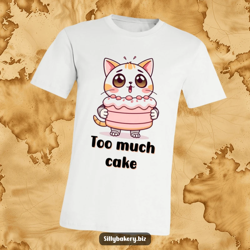 Funny T-Shirt of a surprised cat bot with wide eyes clutching a huge, wobbly cake, a hilarious wearable.