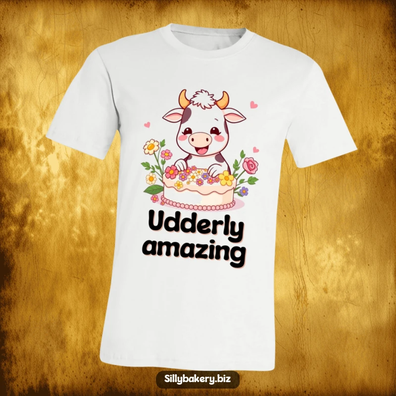 Funny cow t-shirt featuring a happy cartoon cow gleefully decorating a large cake with edible flowers, a sweet floral creation.