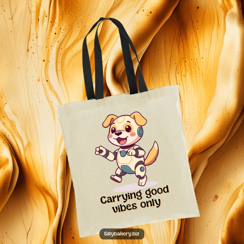 Funny dog bot tote bag, cheerfully performing an energetic jig with its tail wagging, a practical and amusing accessory for daily use.
