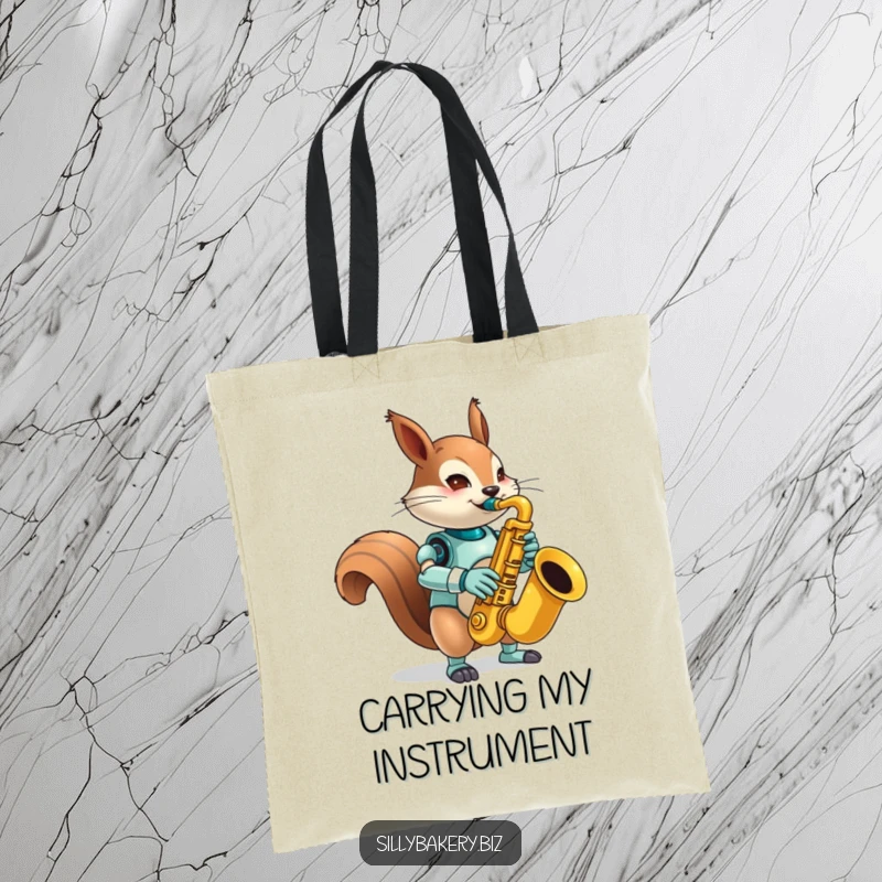 Funny squirrel bot tote bag, featuring a mischievous bot playing an oversized toy saxophone, a humorous and practical accessory for music fans.