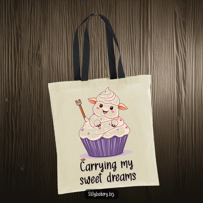 Funny sheep tote bag with a fluffy cartoon sheep gleefully frosting an enormous cupcake using its hoof, a whimsical baking design.