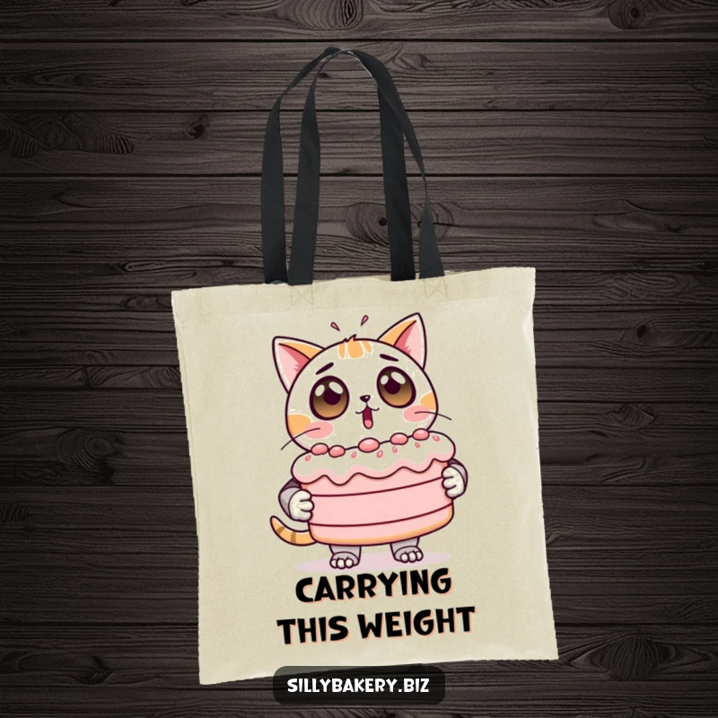 Funny Tote Bag showcasing a wide-eyed cat bot looking surprised by a giant, jiggly cake, a witty accessory.