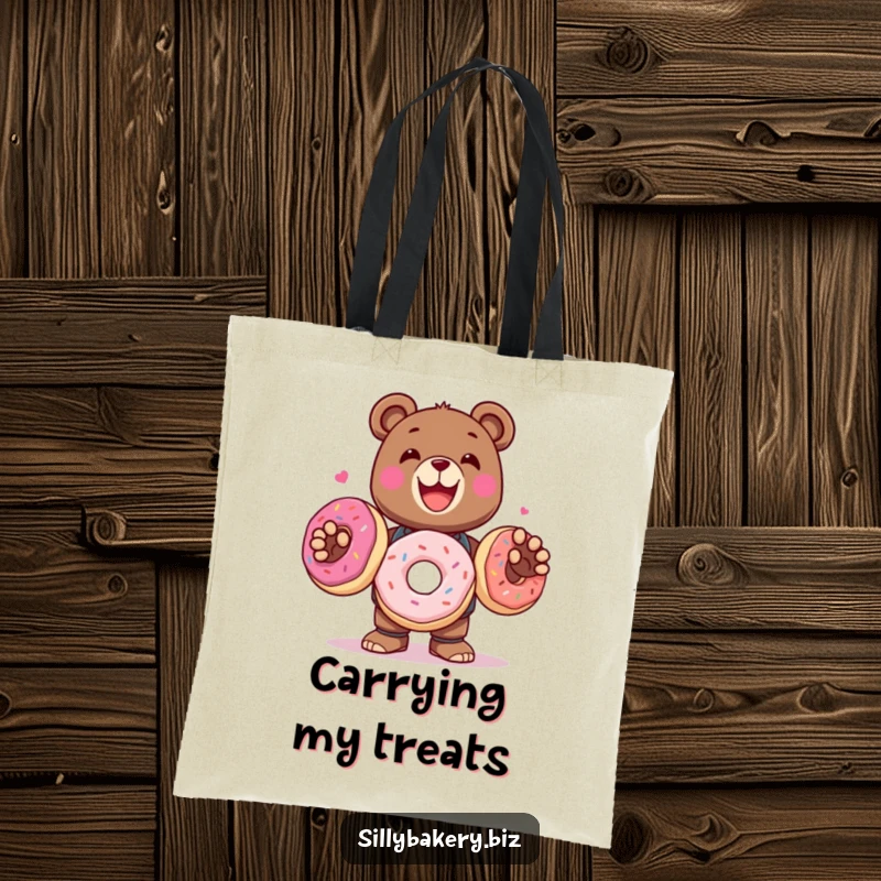 Funny Tote Bag showcasing a delighted bear bot juggling three oversized, colorful donuts, a delightful accessory.