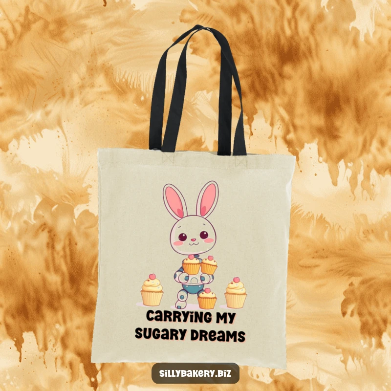 Funny bunny bot tote bag, featuring a giggling bot struggling to balance decorative cupcakes, a humorous and practical accessory.