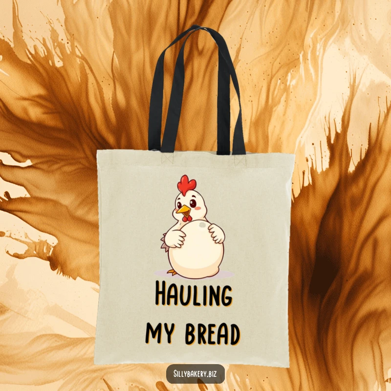 Funny chicken tote bag with a determined cartoon chicken enthusiastically kneading a massive ball of dough, a baker's determined effort.