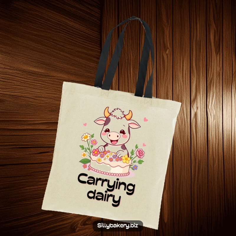 Funny cow tote bag with a happy cartoon cow gleefully decorating a cake with edible flowers, a whimsical baking accessory.