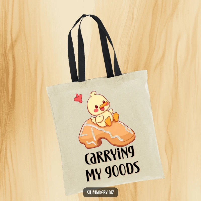 Funny duck tote bag with a cheerful cartoon duck playfully sliding down a giant gingerbread cookie, a whimsical baking design.