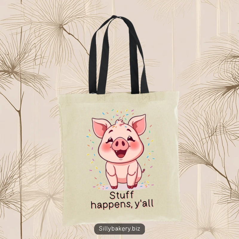Funny pig tote bag with a smiling cartoon pig joyfully tossing a vibrant cascade of colorful sprinkles, a whimsical baking design.